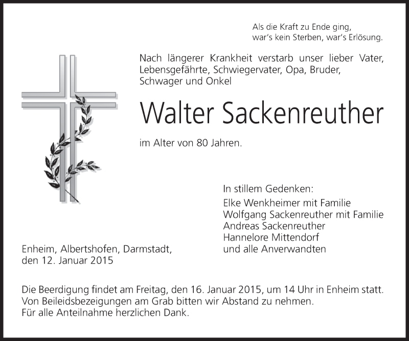  Traueranzeige für Walter Sackenreuther vom 14.01.2015 aus MGO