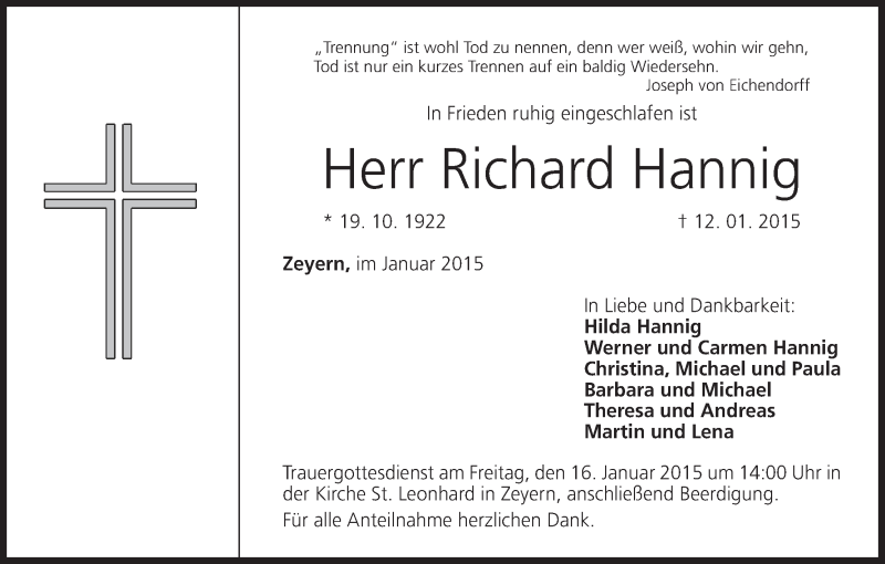  Traueranzeige für Richard Hannig vom 14.01.2015 aus MGO