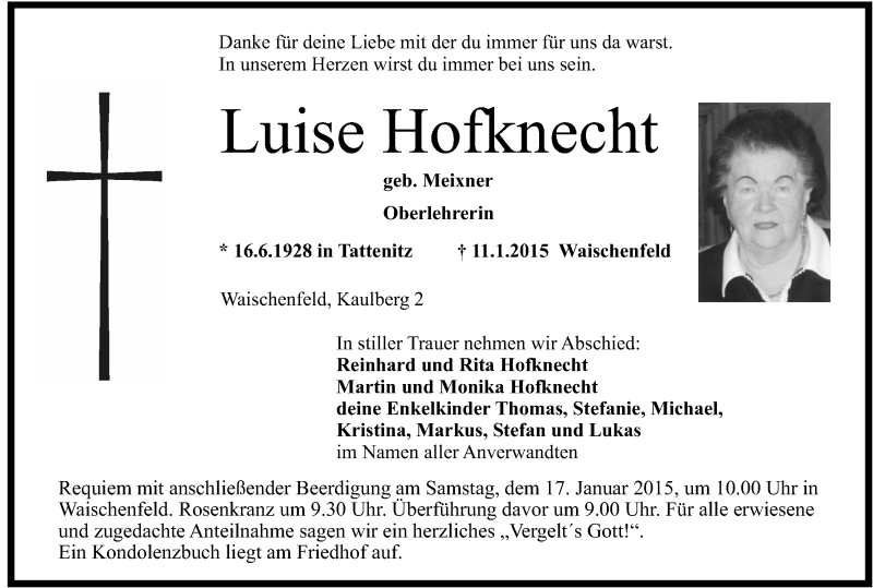  Traueranzeige für Luise Hofknecht vom 14.01.2015 aus MGO