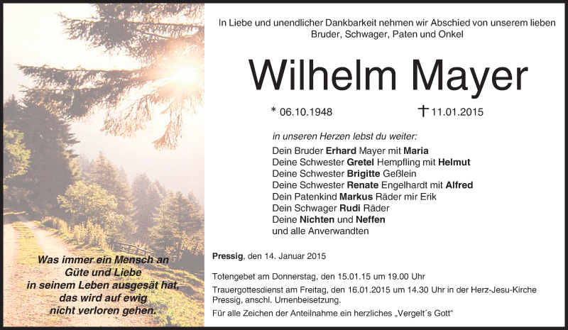  Traueranzeige für Wilhelm Mayer vom 14.01.2015 aus MGO