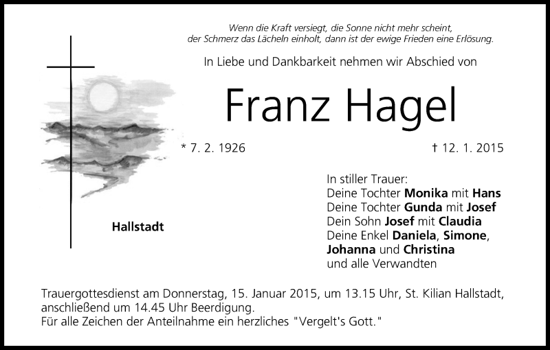  Traueranzeige für Franz Hagel vom 14.01.2015 aus MGO