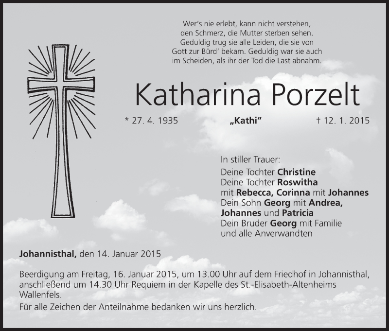  Traueranzeige für Katharina Porzelt vom 14.01.2015 aus MGO
