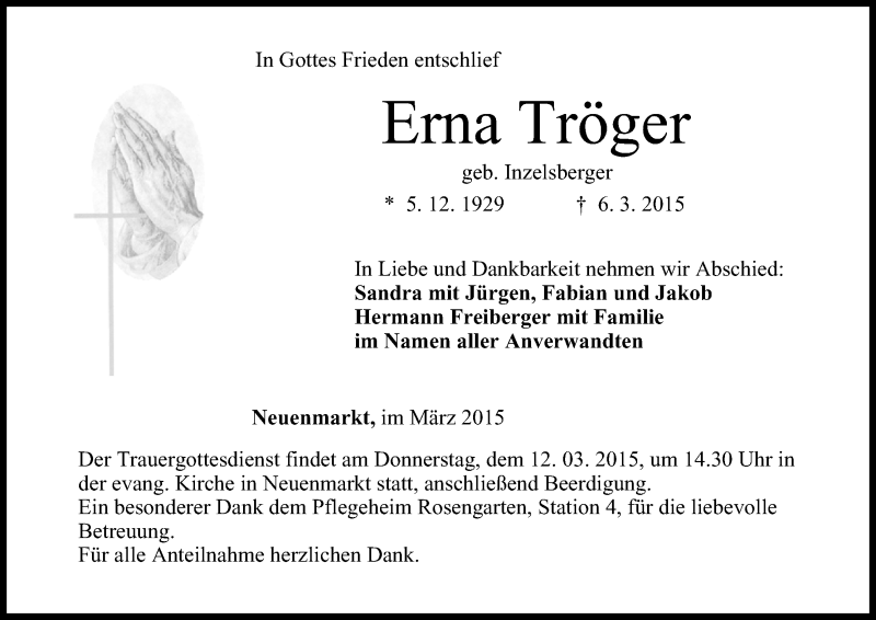  Traueranzeige für Erna Tröger vom 10.03.2015 aus MGO