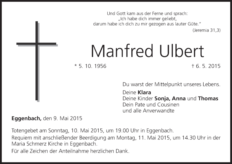  Traueranzeige für Manfred Ulbert vom 09.05.2015 aus MGO