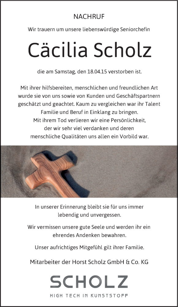  Traueranzeige für Cäcilia Scholz vom 01.05.2015 aus MGO