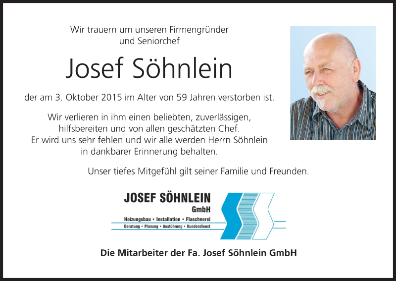  Traueranzeige für Josef Söhnlein vom 06.10.2015 aus MGO