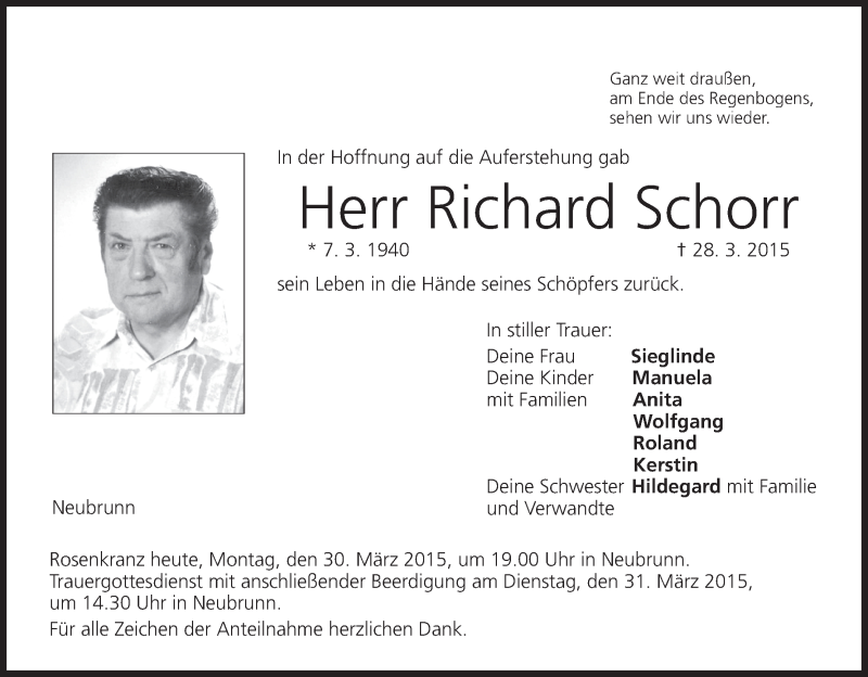  Traueranzeige für Richard Schorr vom 30.03.2015 aus MGO