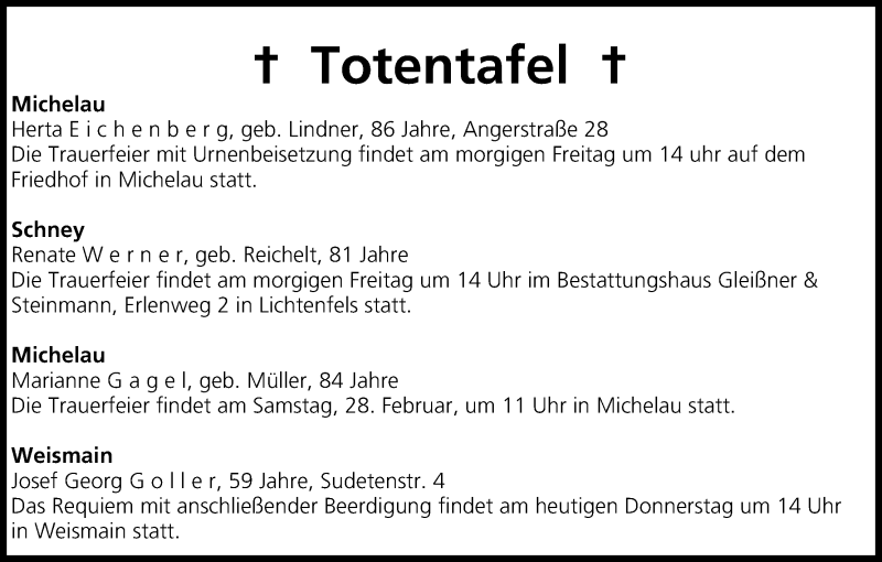  Traueranzeige für Totentafel vom 26.02.2015 vom 26.02.2015 aus MGO