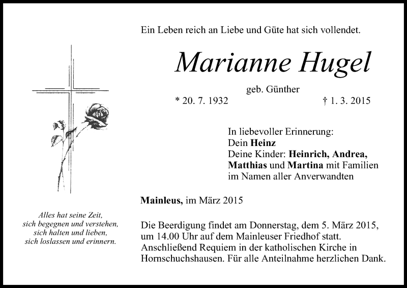  Traueranzeige für Marianne Hugel vom 03.03.2015 aus MGO