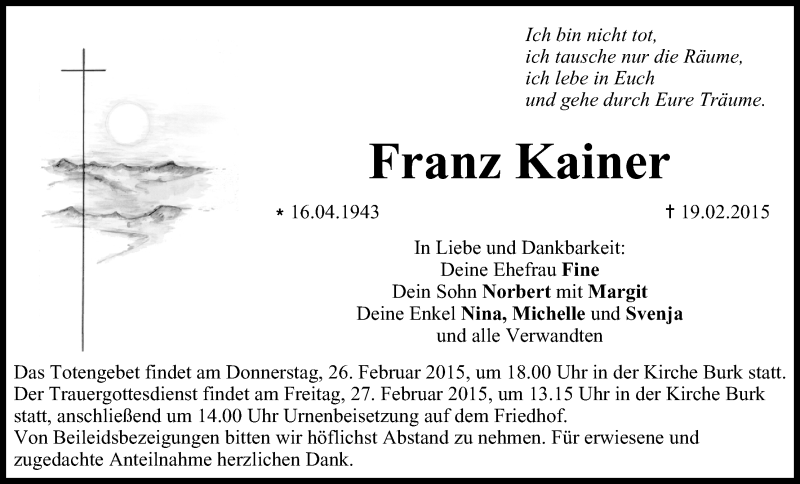  Traueranzeige für Franz Kainer vom 25.02.2015 aus MGO