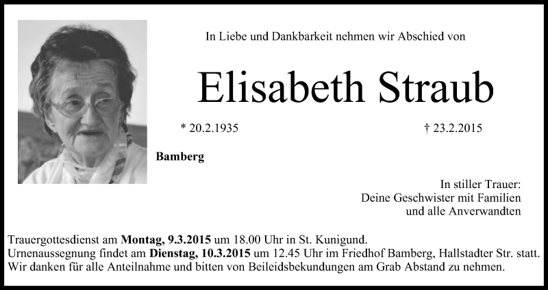  Traueranzeige für Elisabeth Straub vom 07.03.2015 aus MGO
