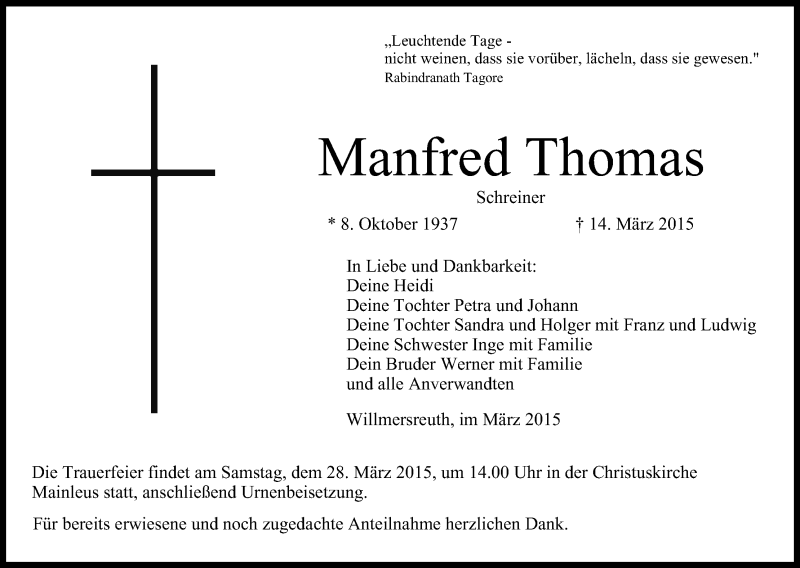  Traueranzeige für Manfred Thomas vom 25.03.2015 aus MGO