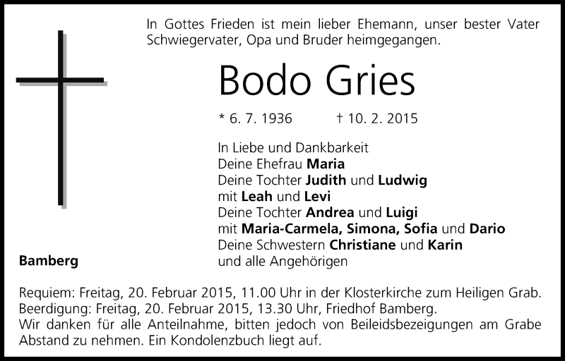 Traueranzeige für Bodo Gries vom 16.02.2015 aus MGO