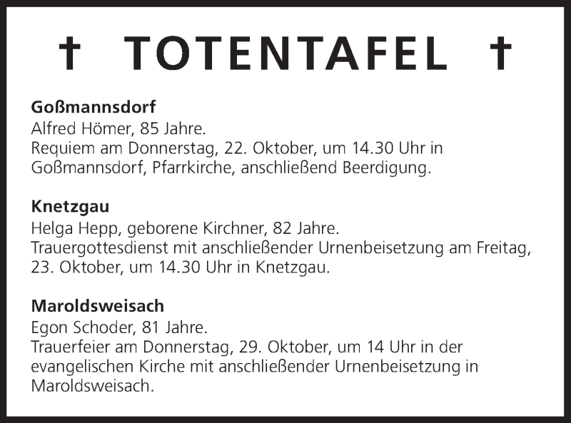  Traueranzeige für Totentafel vom 22.10.2015 vom 22.10.2015 aus MGO
