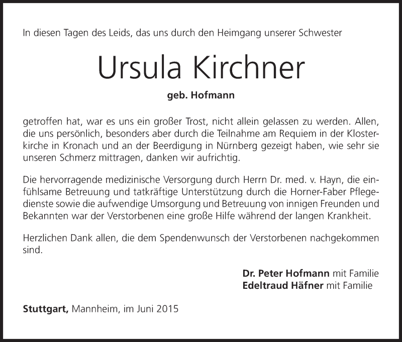 Traueranzeige für Ursula Kirchner vom 02.06.2015 aus MGO