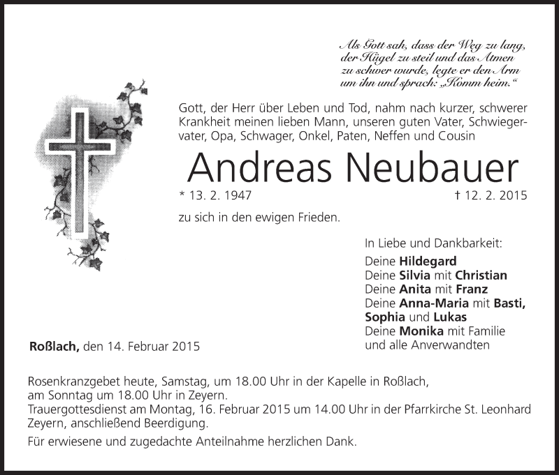 Traueranzeige für Andreas Neubauer vom 14.02.2015 aus MGO