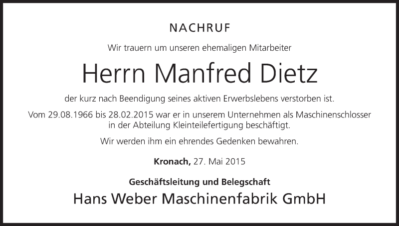  Traueranzeige für Manfred Dietz vom 27.05.2015 aus MGO