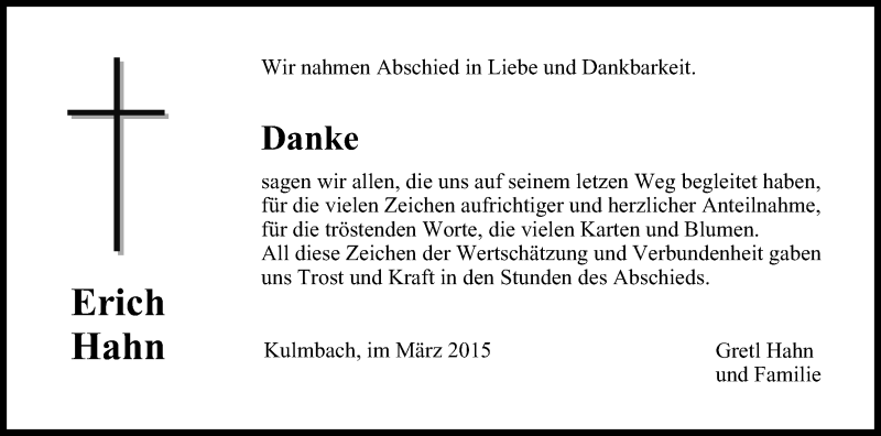  Traueranzeige für Erich Hahn vom 17.03.2015 aus MGO