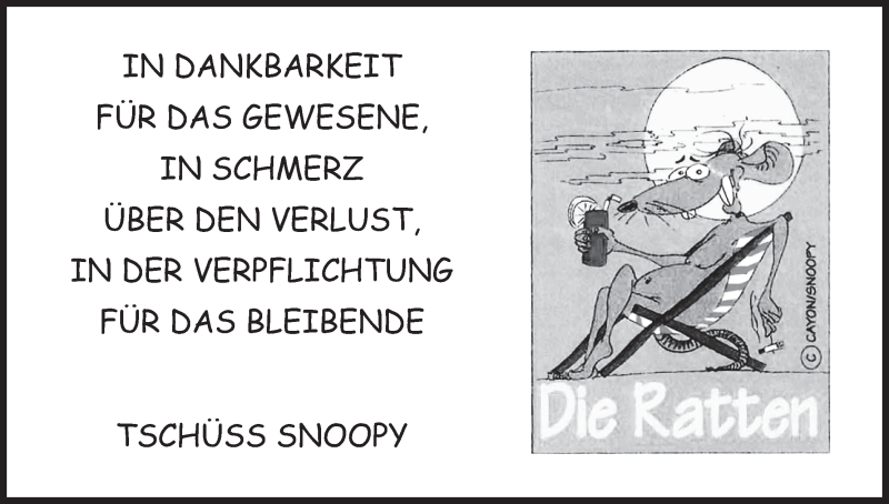  Traueranzeige für Snoopy  vom 31.10.2015 aus MGO