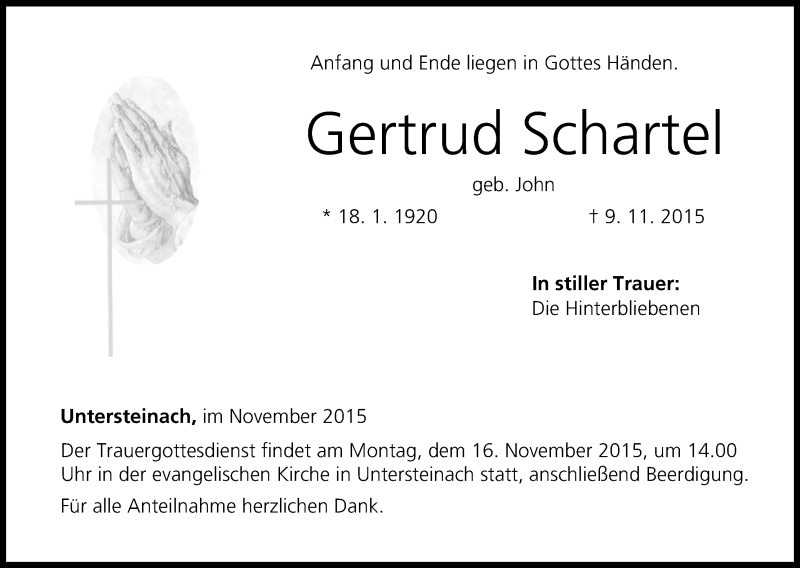  Traueranzeige für Gertrud Schartel vom 14.11.2015 aus MGO