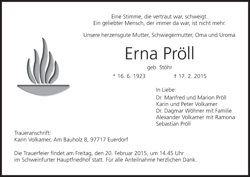  Traueranzeige für Erna Pröll vom 18.02.2015 aus MGO