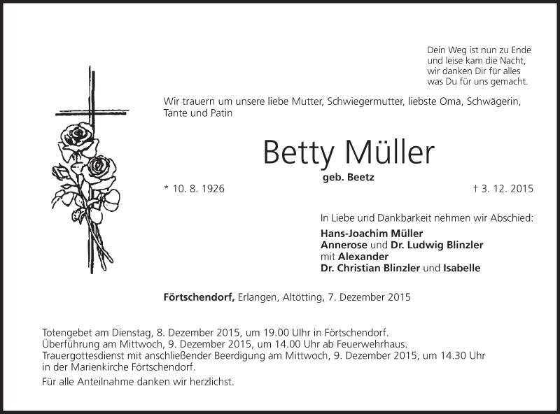  Traueranzeige für Betty Müller vom 07.12.2015 aus MGO