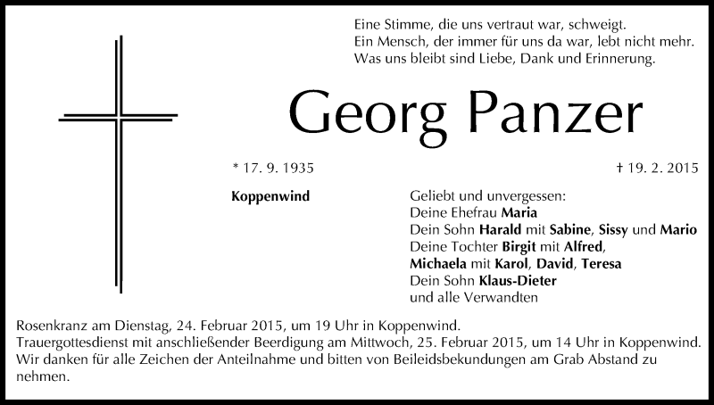  Traueranzeige für Georg Panzer vom 21.02.2015 aus MGO