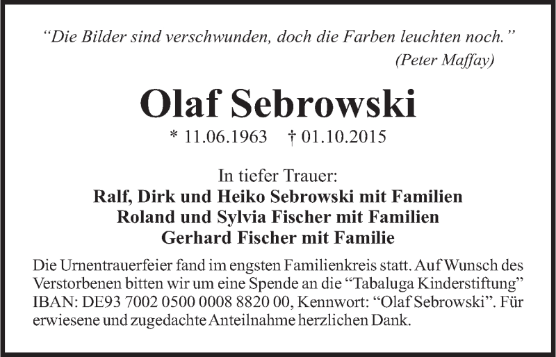  Traueranzeige für Olaf Sebrowski vom 07.10.2015 aus MGO