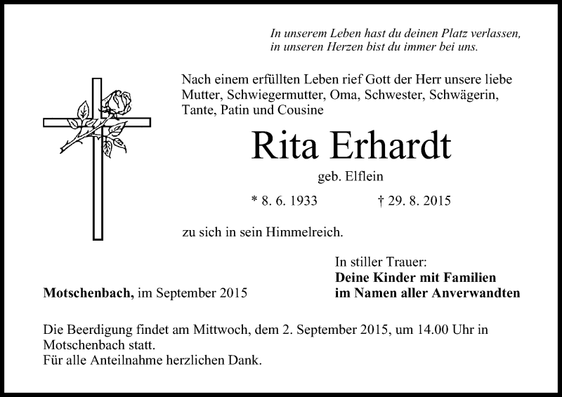  Traueranzeige für Rita Erhardt vom 01.09.2015 aus MGO
