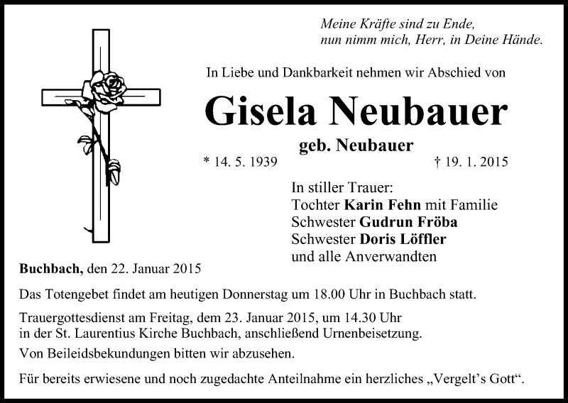  Traueranzeige für Gisela Neubauer vom 22.01.2015 aus MGO