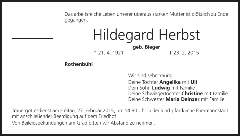  Traueranzeige für Hildegard Herbst vom 25.02.2015 aus MGO