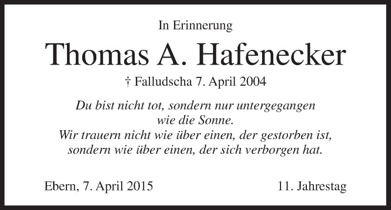  Traueranzeige für Thomas A. Hafenecker vom 07.04.2015 aus MGO