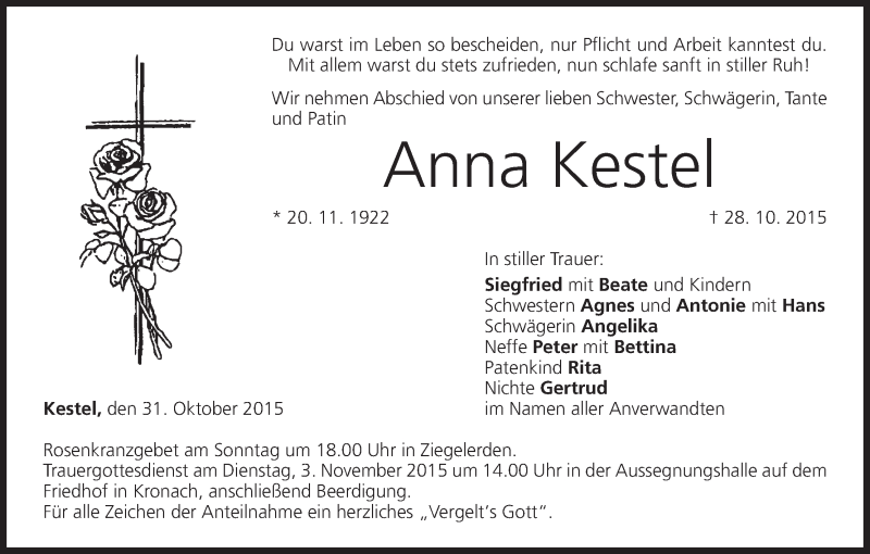  Traueranzeige für Anna Kestel vom 31.10.2015 aus MGO