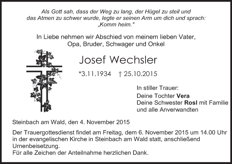  Traueranzeige für Josef Wechsler vom 04.11.2015 aus MGO