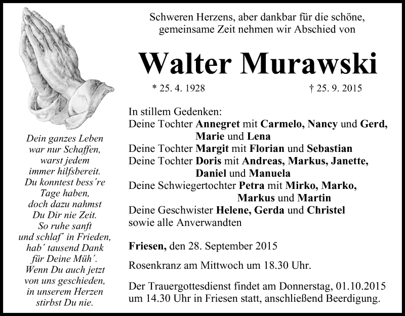  Traueranzeige für Walter Murawski vom 28.09.2015 aus MGO