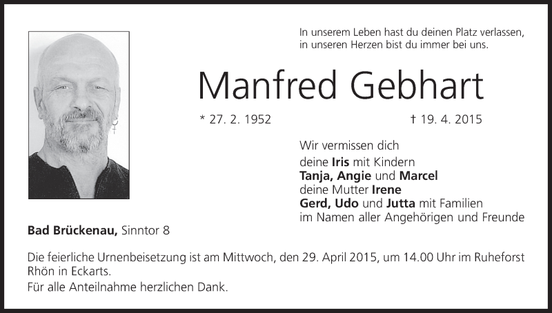  Traueranzeige für Manfred Gebhart vom 25.04.2015 aus MGO