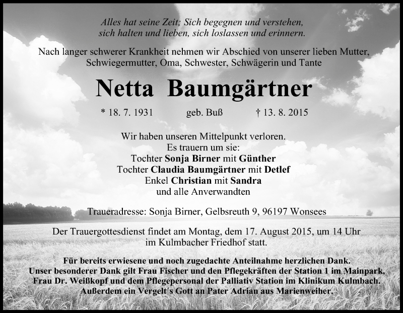  Traueranzeige für Netta Baumgärtner vom 15.08.2015 aus MGO
