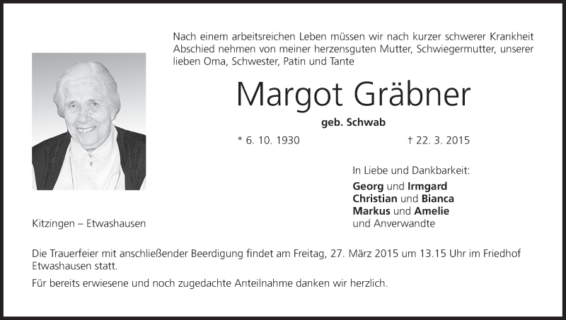  Traueranzeige für Margot Gräbner vom 25.03.2015 aus MGO