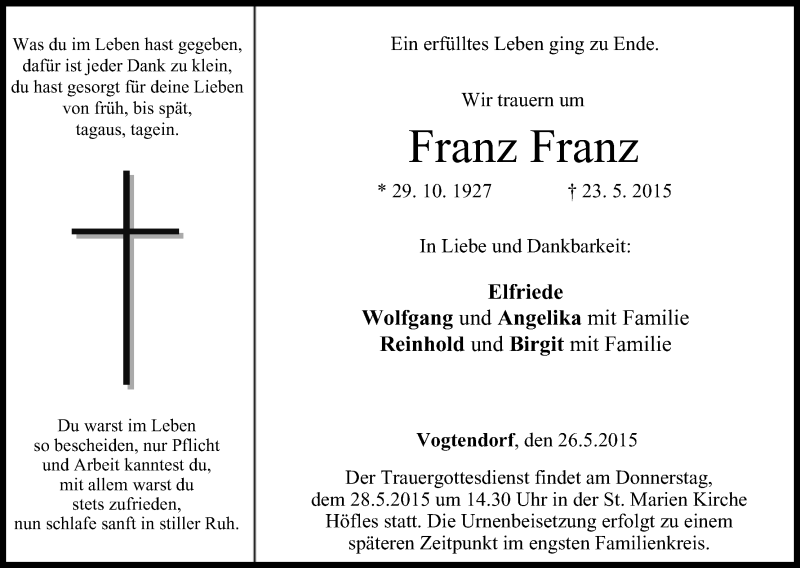  Traueranzeige für Franz Franz vom 26.05.2015 aus MGO
