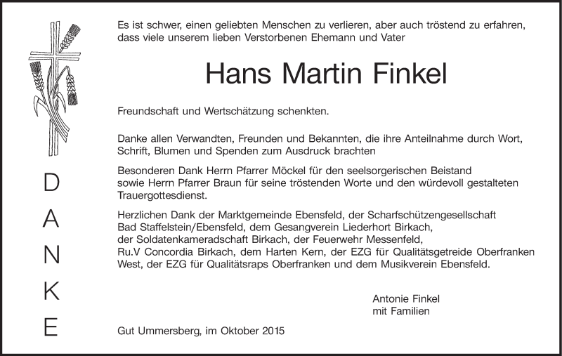  Traueranzeige für Hans Martin Finkel vom 31.10.2015 aus MGO
