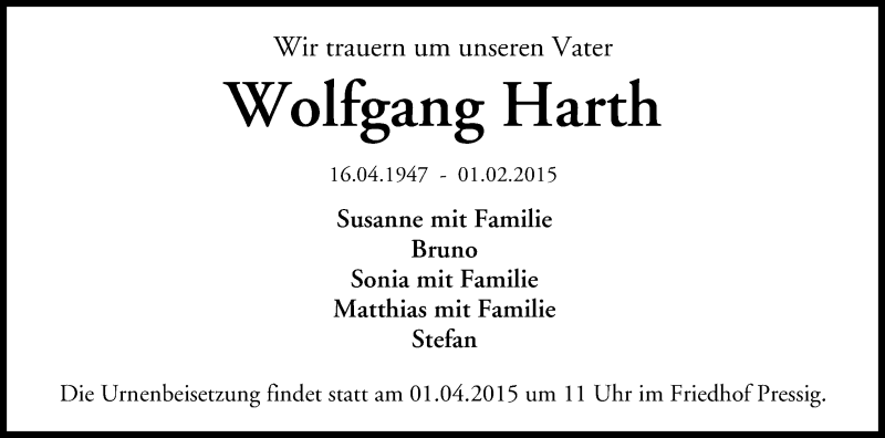  Traueranzeige für Wolfgang Harth vom 25.03.2015 aus MGO