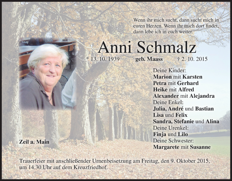  Traueranzeige für Anni Schmalz vom 06.10.2015 aus MGO
