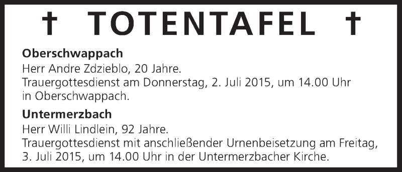 Traueranzeige für Willi Lindlein vom 01.07.2015 aus MGO
