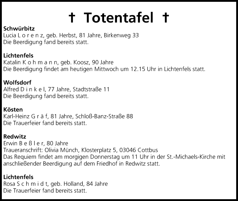  Traueranzeige für Totentafel vom 08.04.2015 vom 08.04.2015 aus MGO