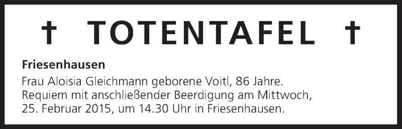  Traueranzeige für Totentafel vom 24.02.2015 vom 24.02.2015 aus MGO
