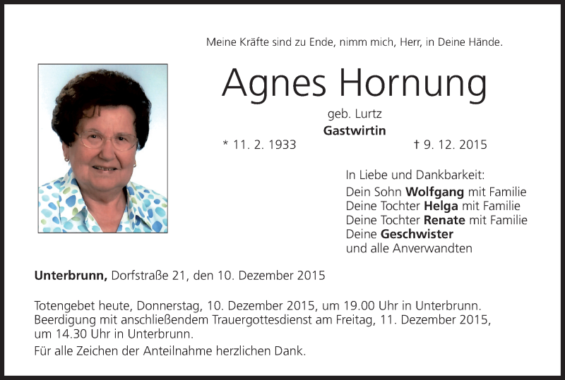  Traueranzeige für Agnes Hornung vom 10.12.2015 aus MGO