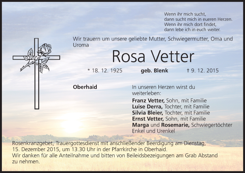  Traueranzeige für Rosa Vetter vom 12.12.2015 aus MGO