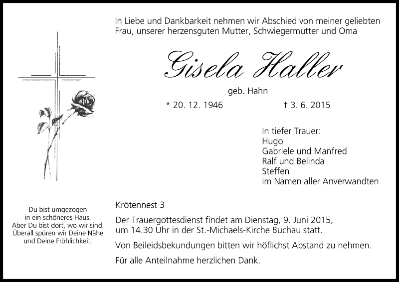  Traueranzeige für Gisela Haller vom 08.06.2015 aus MGO
