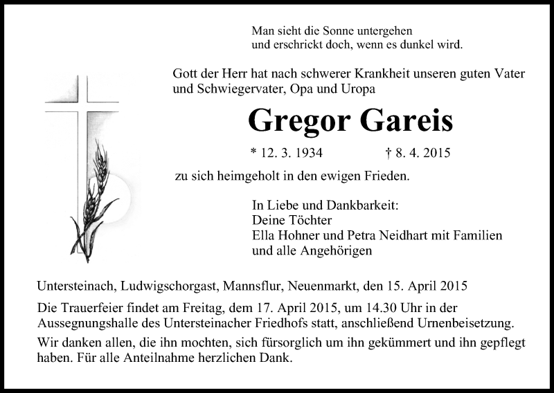  Traueranzeige für Gregor Gareis vom 15.04.2015 aus MGO