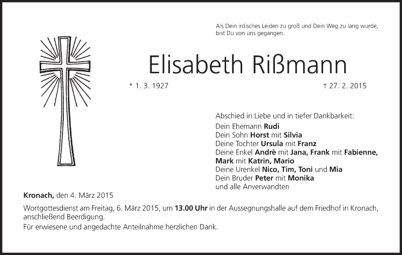  Traueranzeige für Elisabeth Rißmann vom 04.03.2015 aus MGO
